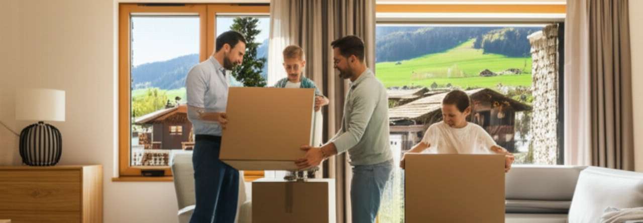 Happy Caucasian family unpacking boxes in a bright Swiss living room, symbolizing a new beginning and the joy of home.