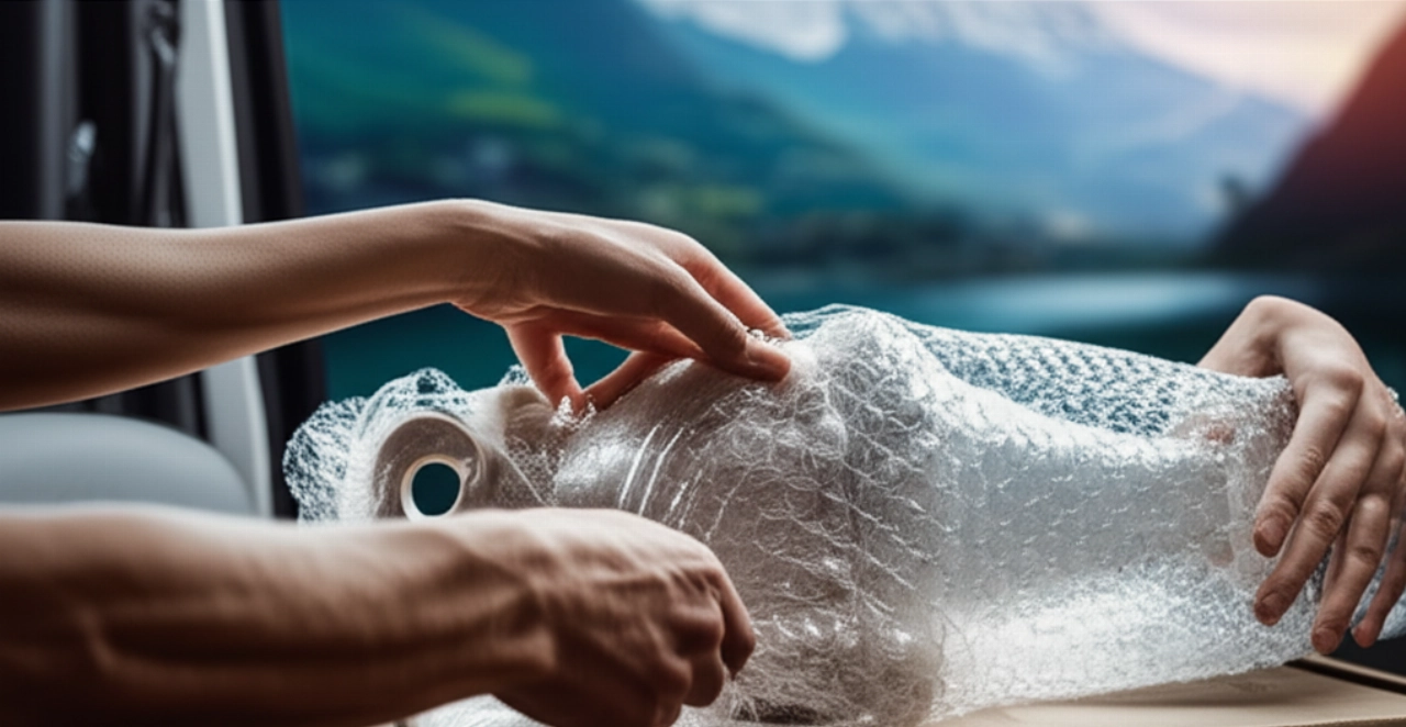 Caucasian hands carefully packing a delicate item into a moving box, highlighting attention to detail and security.
