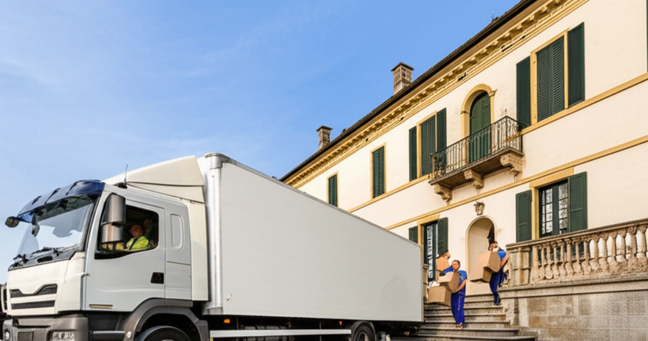 Large moving truck parked in front of a historic villa in Varese, with movers loading boxes.