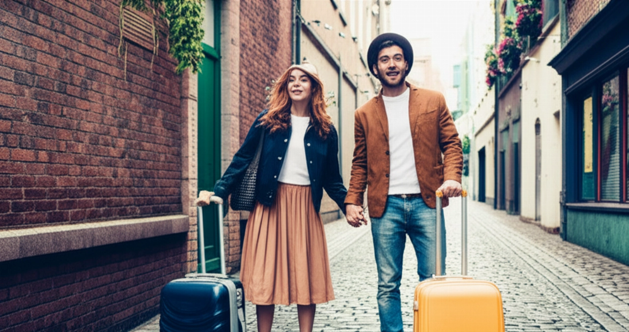 Enthusiastic Caucasian couple with luggage on a cobbled Dublin street, with a Georgian door in the background.