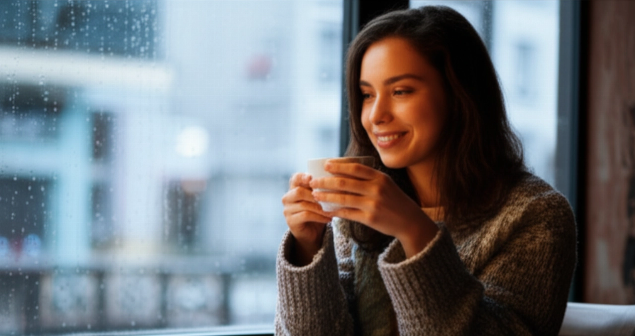 Smiling Caucasian woman drinking coffee in a cozy Dublin cafe, with rain outside the window.