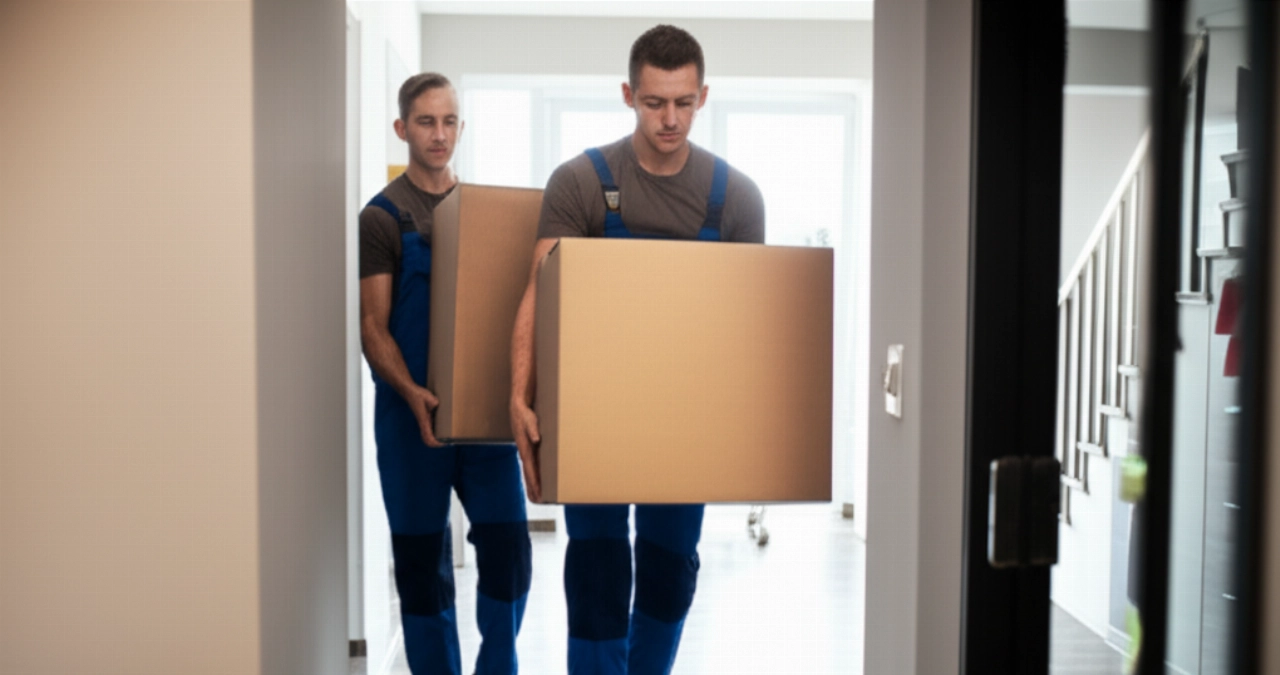Professional Caucasian movers carrying a box in an apartment hallway.