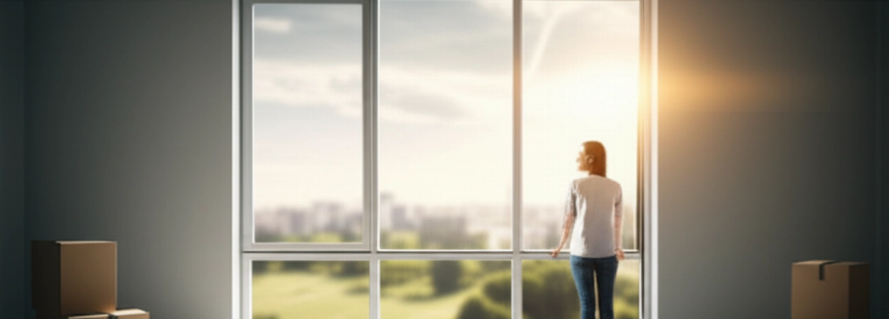 Caucasian woman in a bright new apartment with boxes, looking out the window.