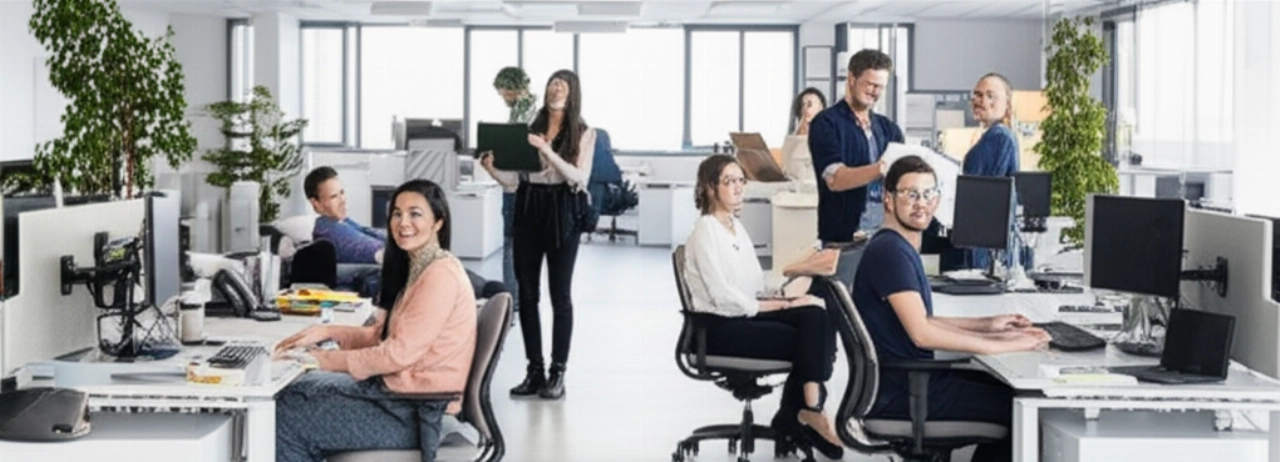 Satisfied Caucasian employees work in a new and modern corporate office, symbolizing a successful relocation and new productivity.