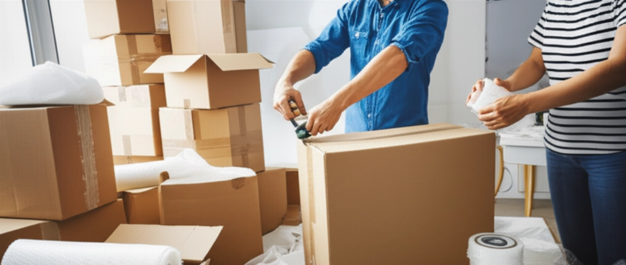 Two Caucasian people diligently packing moving boxes for a relocation in a well-lit apartment.