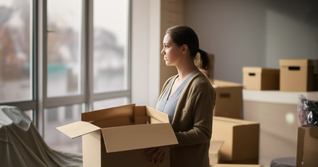 Caucasian woman in a new, partially unpacked home, with moving boxes, reflecting on the process.