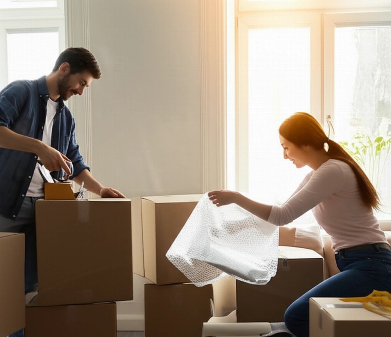 Caucasian couple carefully packing household items into moving boxes, with sunlight illuminating the scene.