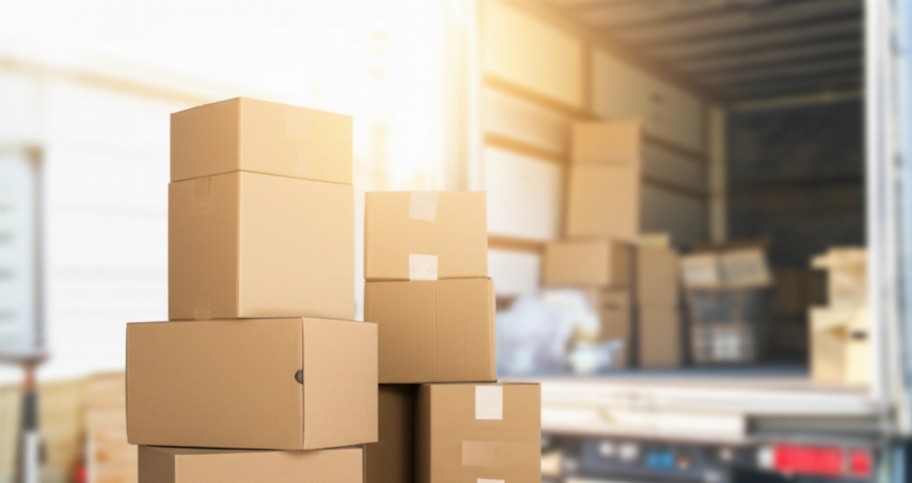 Stacks of labeled moving boxes, ready in a new bright environment, symbolizing a new beginning.