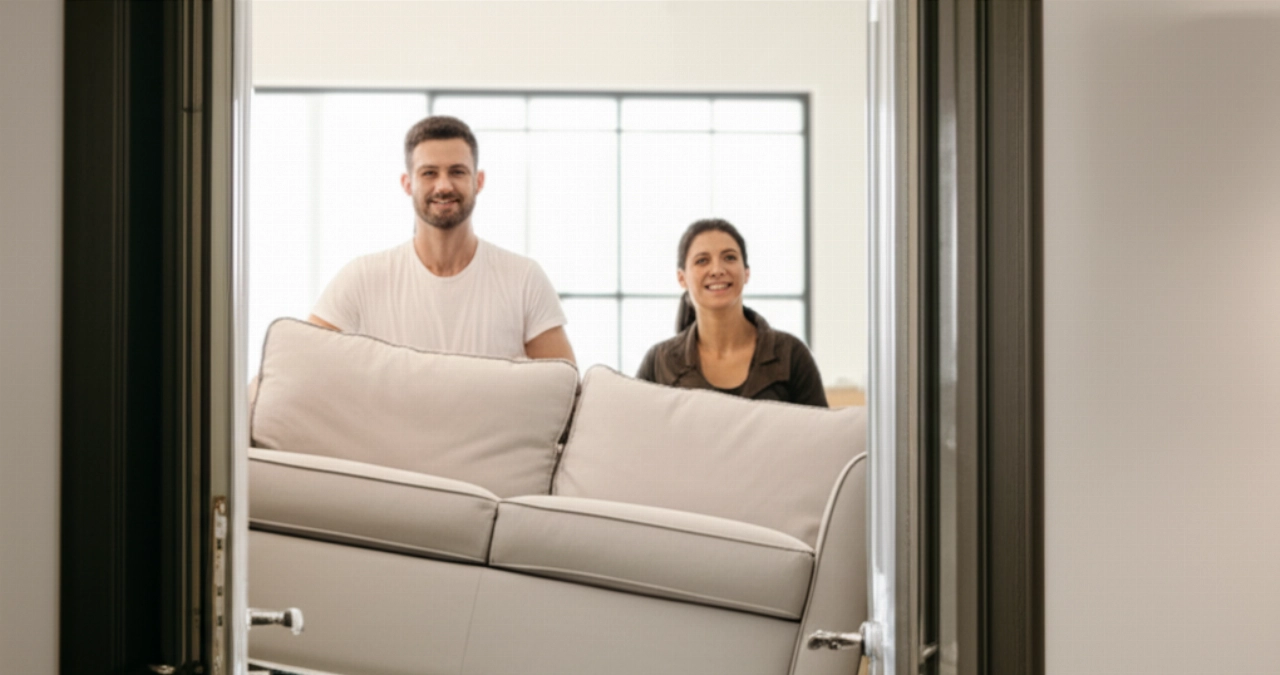 Happy Caucasian couple carrying a sofa through the doorway of their new home, highlighting ease and teamwork during a move.