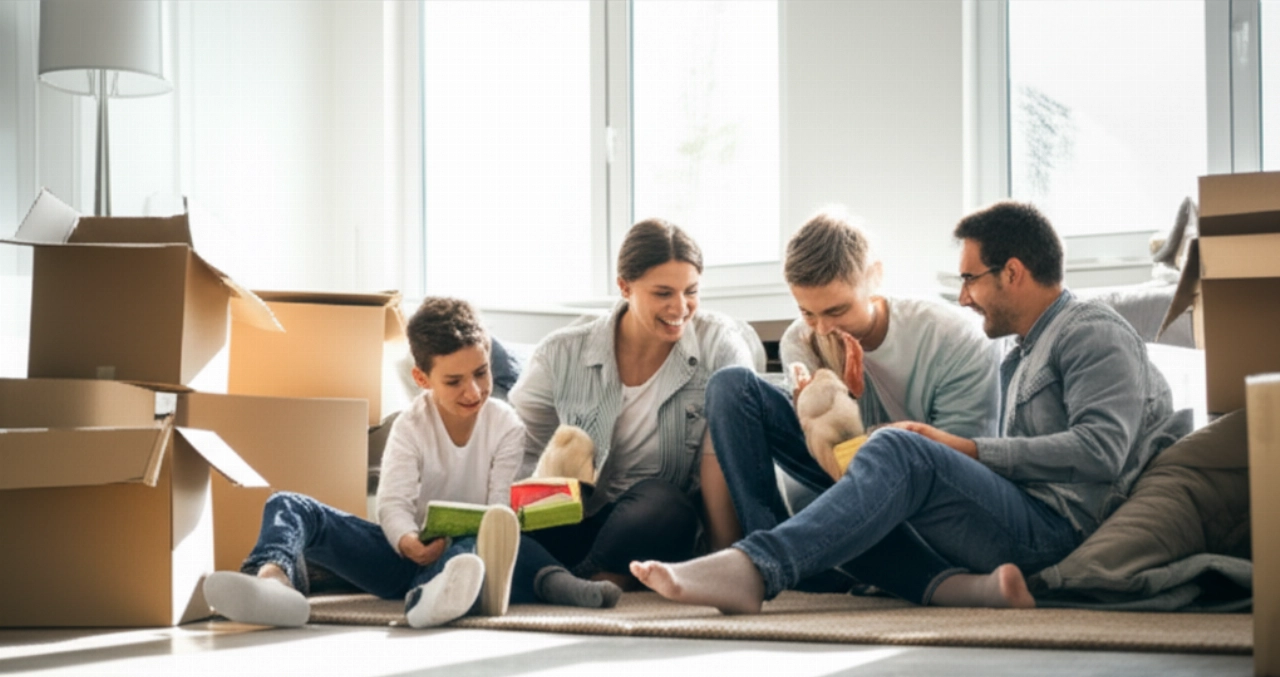 Happy Caucasian family relaxing on the floor of their new bright living room, enjoying comfort and joy after a successful move.