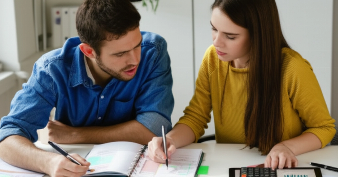 Two Caucasian individuals intensely collaborate on a financial plan for a move, sitting at a desk with a calculator, tablet, and documents.