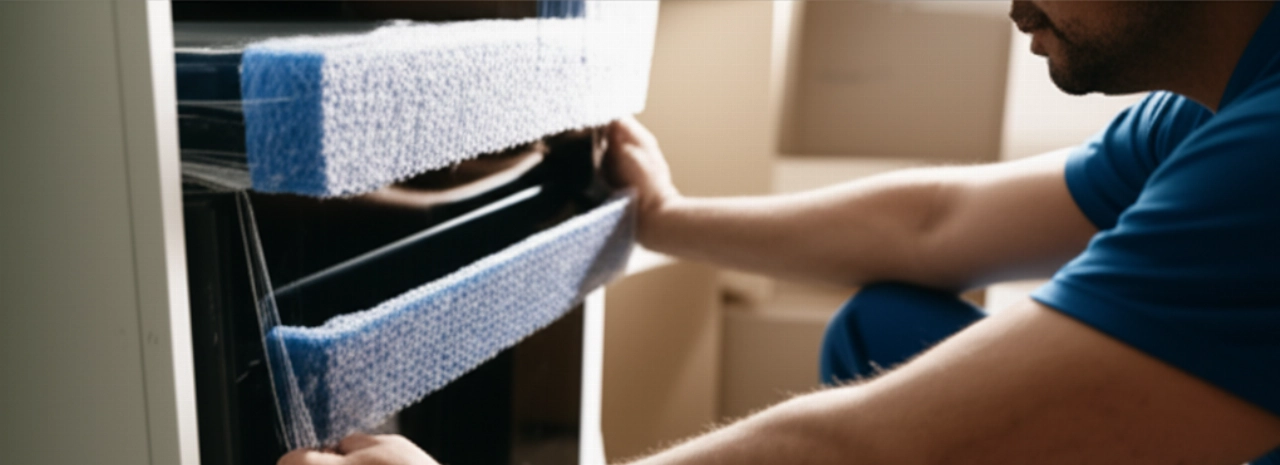 A professional Caucasian mover carefully wraps a high-end kitchen appliance with protective padding and film, demonstrating the precision of the process.