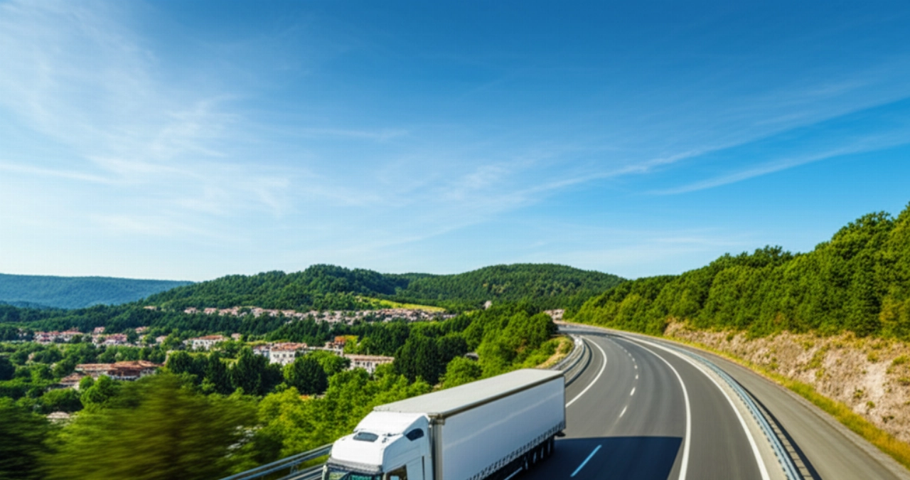 A modern moving truck travels on a scenic highway through the Alps, symbolizing the journey from Germany to Italy.