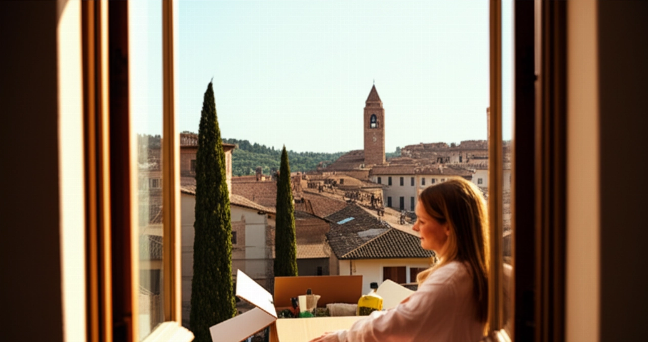 A Caucasian woman smiles while unpacking boxes in a sunny Italian apartment, with a picturesque view of an Italian village from the window.