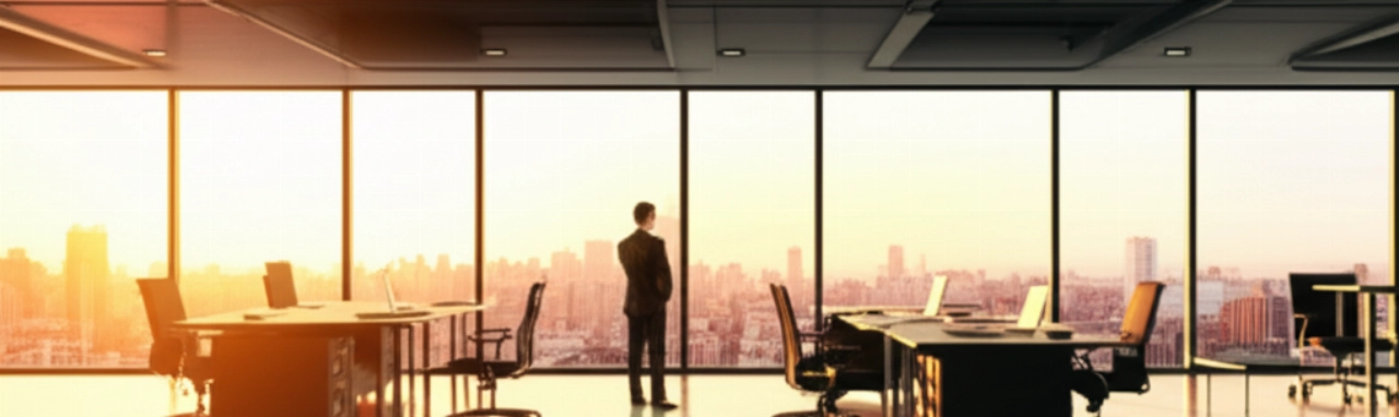 Modern and pristine newly set up office, with large windows overlooking an urban skyline, a Caucasian executive observes the view.