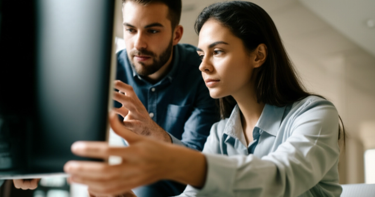 Two Caucasian colleagues collaborate attentively, unboxing and installing a monitor on a new desk in a modern office.