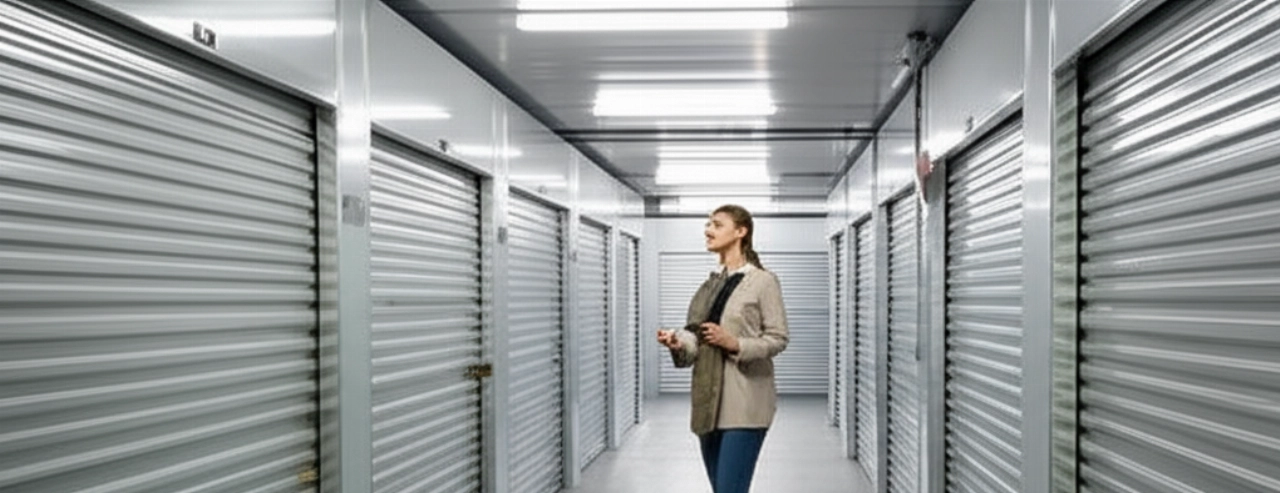 Interior of a modern self-storage facility, with rows of illuminated and secure units. A Caucasian person stands in the aisle, key in hand, ready to access their unit.