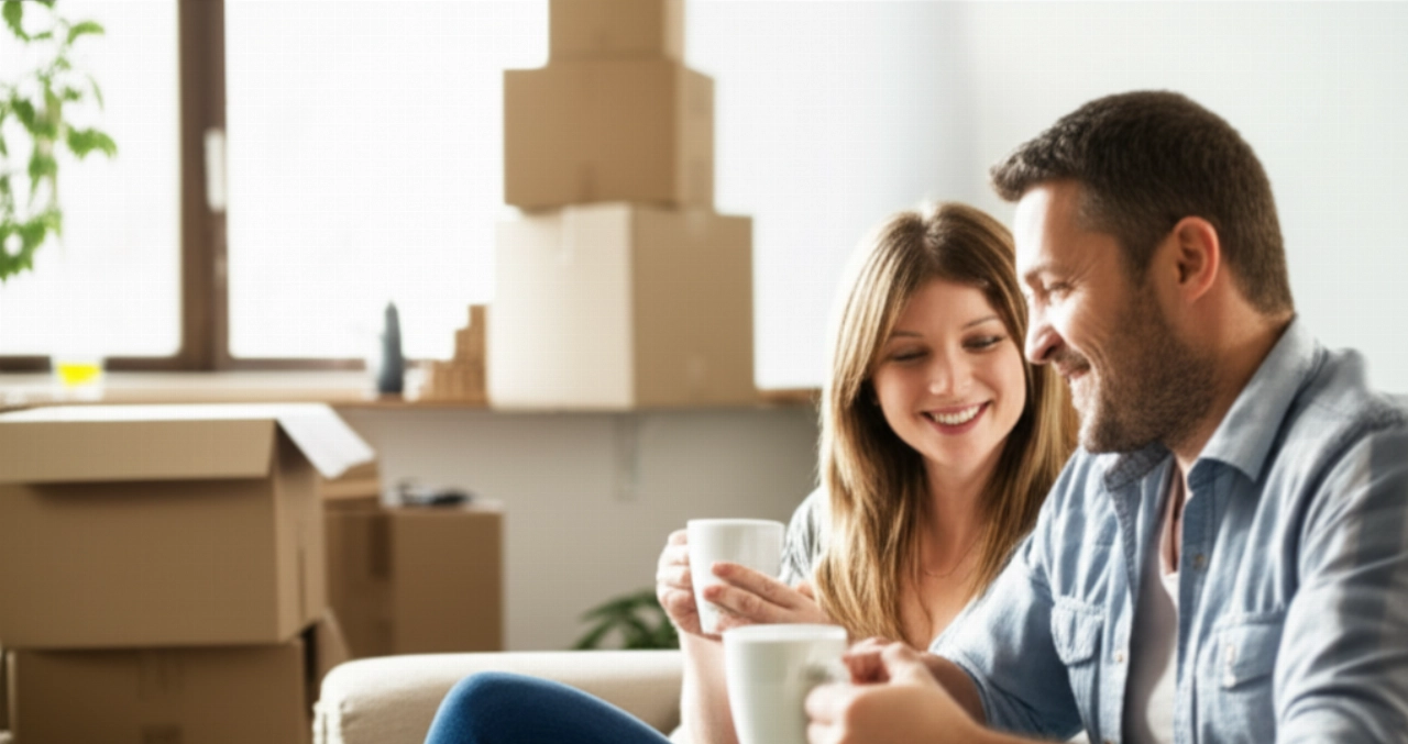 A Caucasian couple relaxes on a sofa in a bright living room, with partially open moving boxes in the background, symbolizing a new beginning after a move.