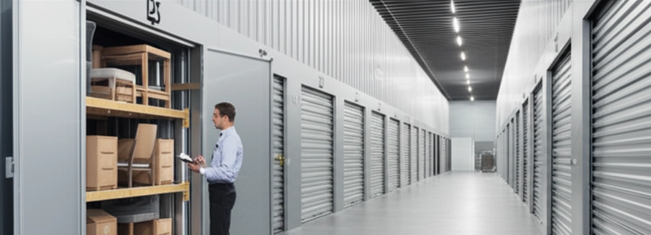 Interior of a modern furniture storage facility with rows of organized storage units, containing well-covered furniture, and a Caucasian manager inspecting.