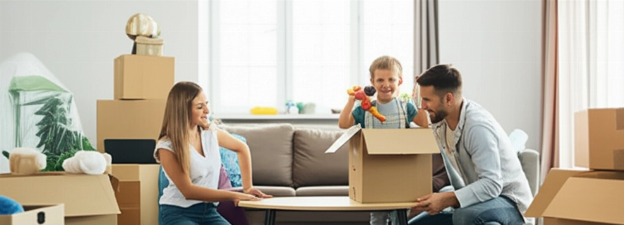 A happy Caucasian family unpacks boxes in their new sunlit living room, with the main furniture already arranged and stacked boxes.