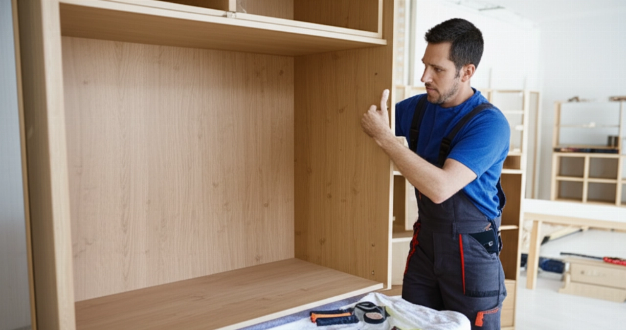 A Caucasian technician precisely assembles a modern wardrobe in a bright room, highlighting expertise and attention to detail.