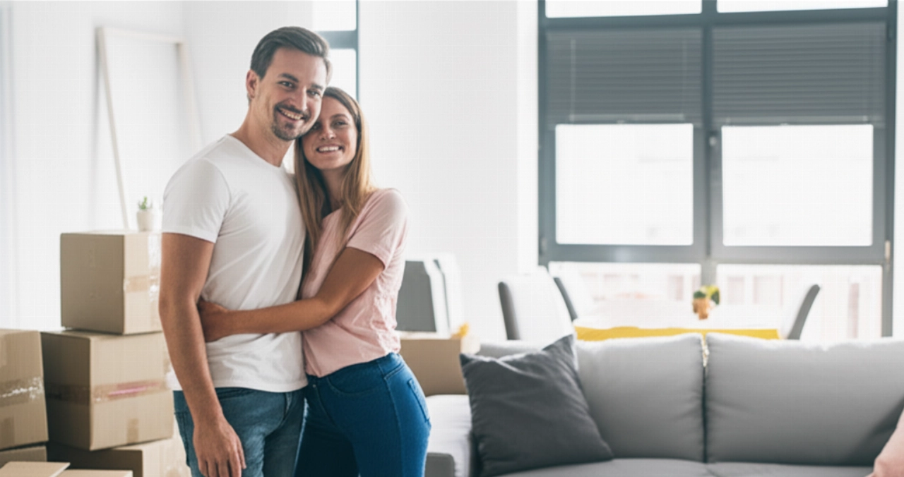 A happy Caucasian couple admires their newly furnished living room, with moving boxes in a corner, symbolizing a new beginning.