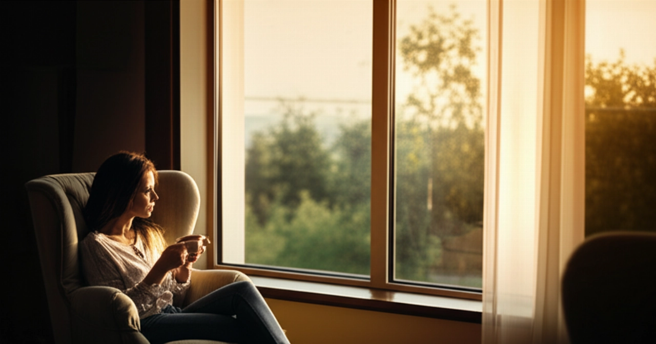 A relaxed Caucasian woman sitting on an armchair in a beautifully furnished, sunlit new home, with a cup of coffee.