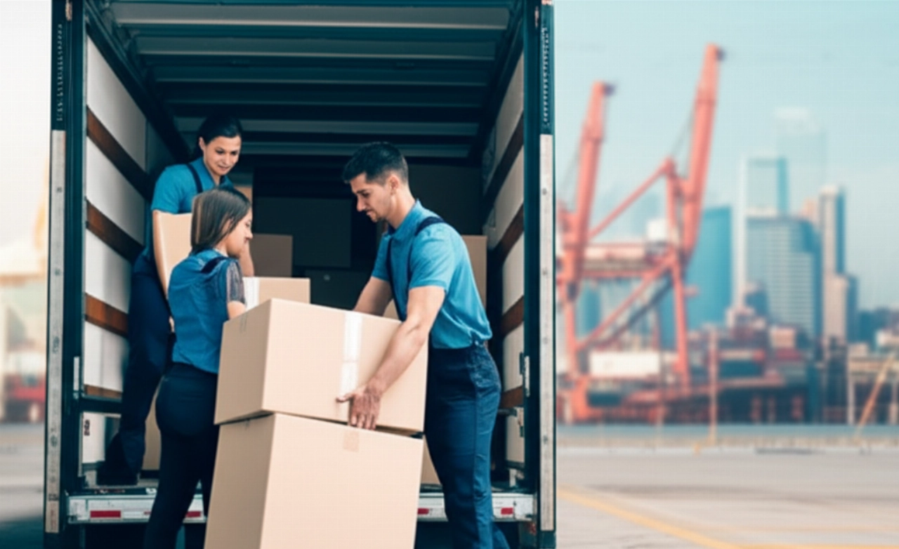 Professional Caucasian movers carefully loading boxes onto a truck for an international relocation, with a blurred urban background.