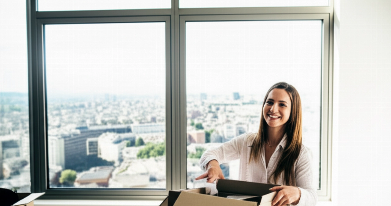 Happy Caucasian woman unpacking in a bright new apartment, with a panoramic view of a European city, after an international move.