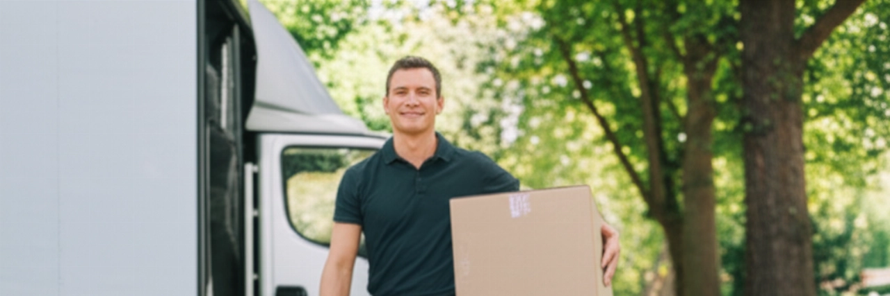 A smiling, professional Caucasian man effortlessly carrying a well-packed moving box towards a modern truck, illustrating efficient and stress-free transport.