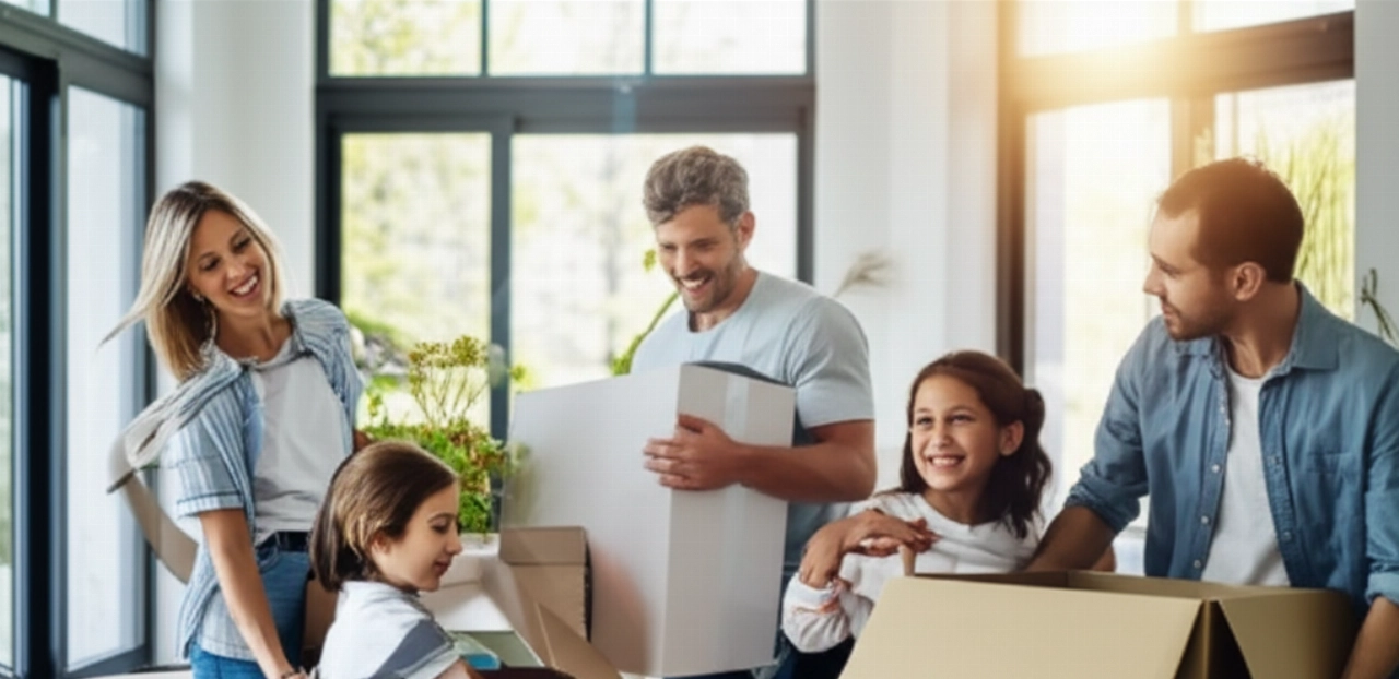 A happy, smiling Caucasian family joyfully unpacking light boxes in their bright and spacious new home, symbolizing a serene and positive start.