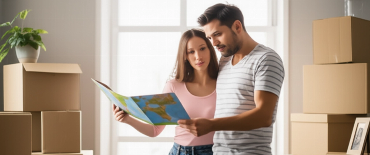 A Caucasian couple in a room full of moving boxes, with the woman pointing to a map of France and Italy, symbolizing an international move.