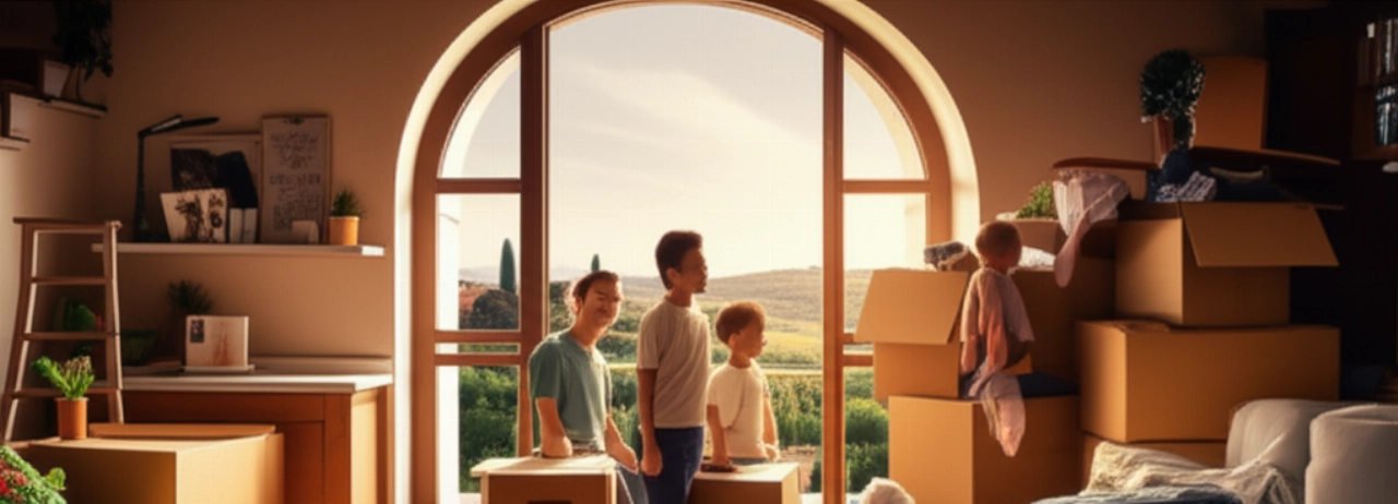 A smiling Caucasian family unpacking boxes in their new home in Italy, with a panoramic view of the Italian landscape.