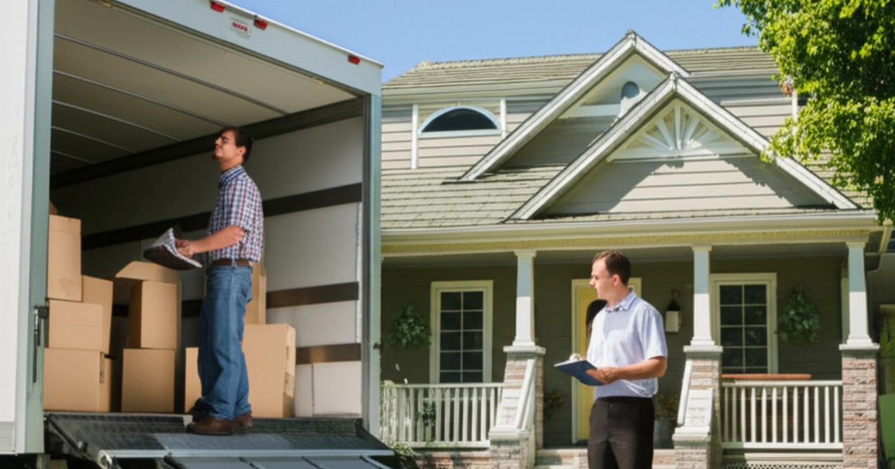 A moving truck is being loaded with boxes in front of a suburban house, with a Caucasian man supervising, evoking the departure phase of a move.