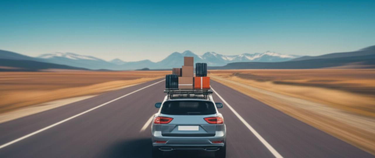 A car loaded with boxes and luggage travels on a highway through a vast landscape, symbolizing a long-distance, out-of-region move.