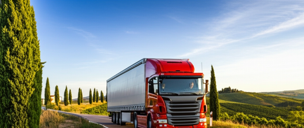 Large moving truck driving along a scenic road through the Italian Tuscan countryside at sunset.