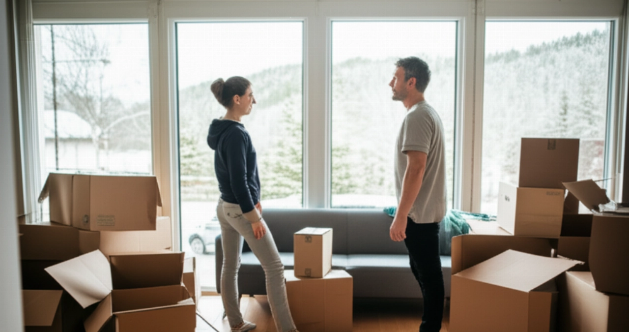 A Caucasian person unpacks boxes in a bright Scandinavian living room, with a view of a snowy Norwegian street.