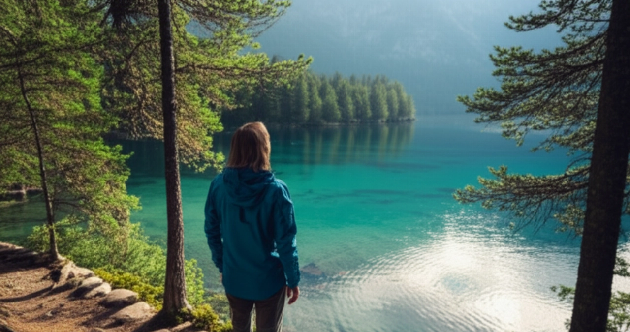 A Caucasian person in hiking attire admires a serene Norwegian lake surrounded by forests and mountains.