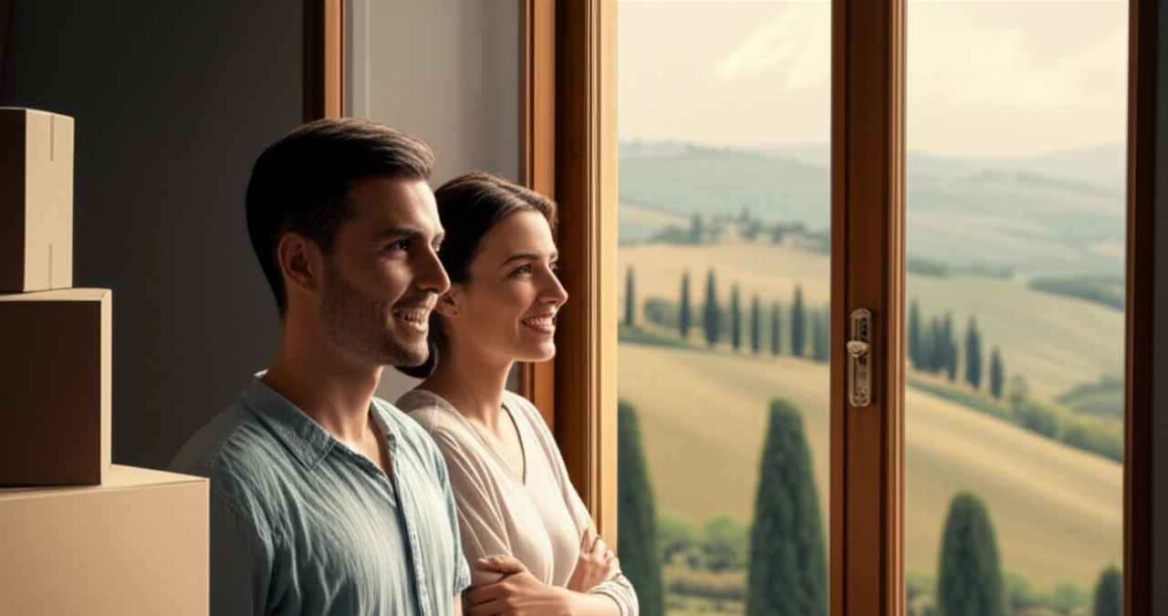 A happy Caucasian couple smiles looking out the window of their new Italian apartment, with moving boxes in the background and a countryside landscape. The image evokes the joy of a new beginning.