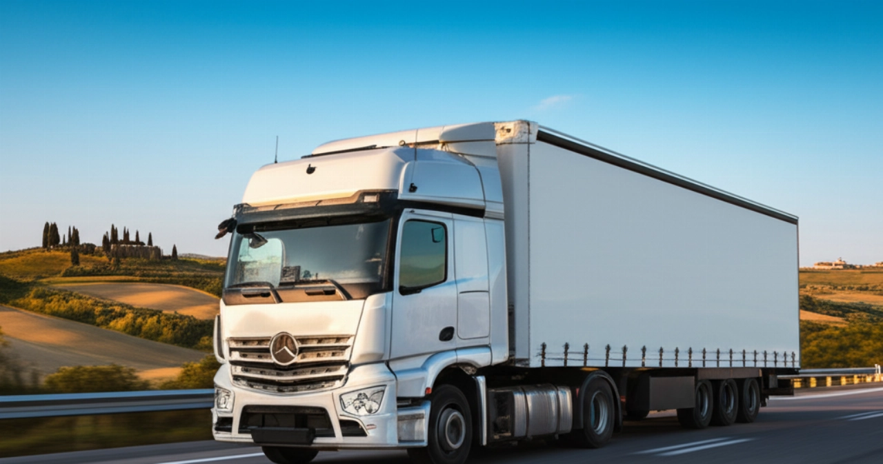 A modern, unbranded moving truck drives along a scenic Italian highway, with the iconic Tuscan hills in the background. The image symbolizes the journey and the reliability of the service.