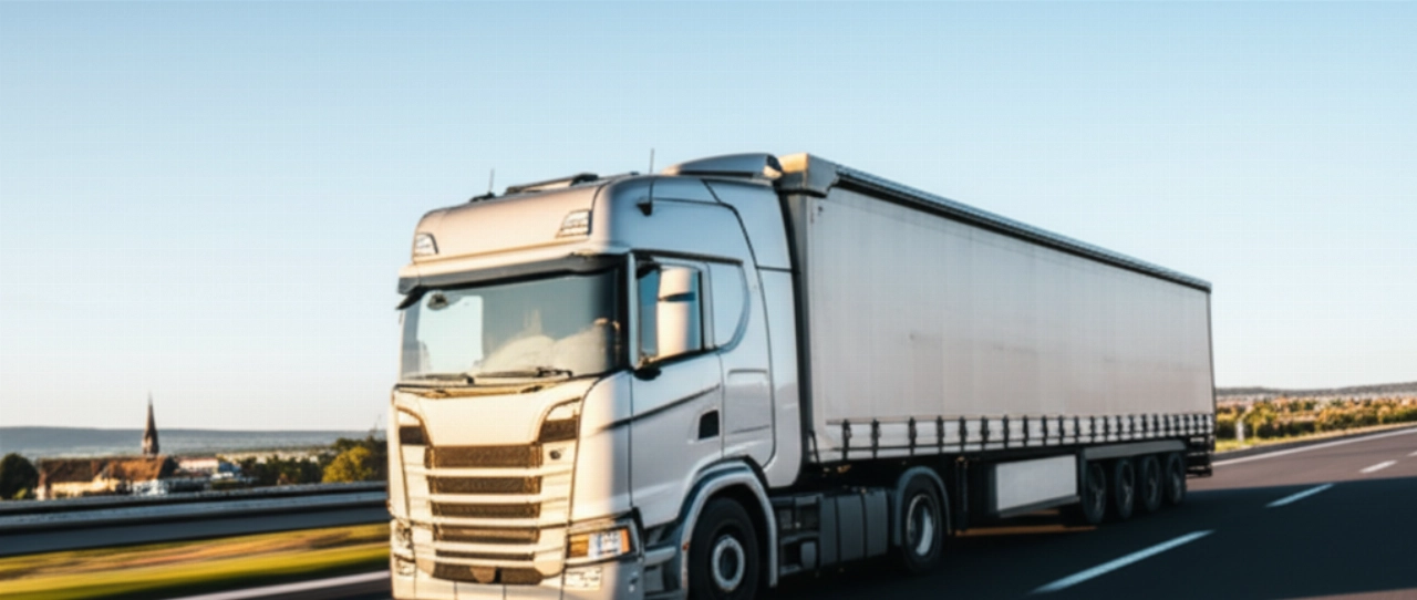 Modern moving truck on a European highway, symbolizing the journey between Italy and Belgium.