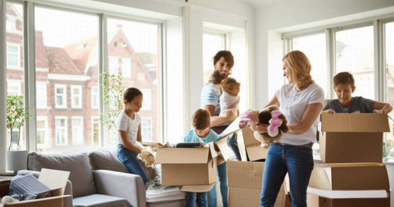Happy Caucasian family unpacking boxes in their bright new home in Belgium.