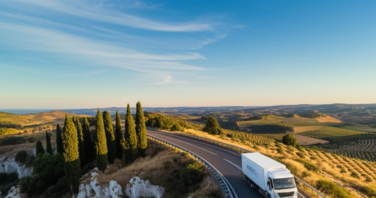 White moving truck driving along a scenic coastal highway, with the landscape transitioning from Italian cliffs to Spanish hills.