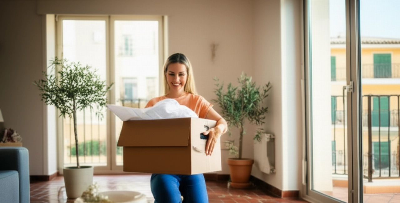 Smiling Caucasian woman unpacking a moving box in a bright and modern Spanish living room, surrounded by objects suggesting a new home.