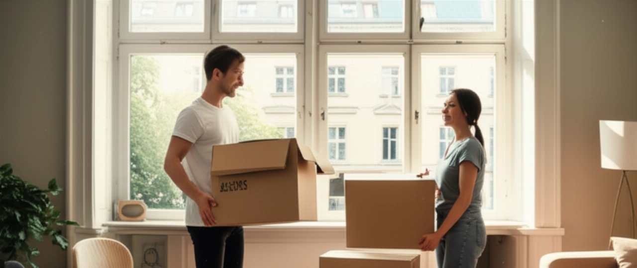 A Caucasian couple smiles while unpacking boxes in a bright modern apartment in Berlin, with a city view.