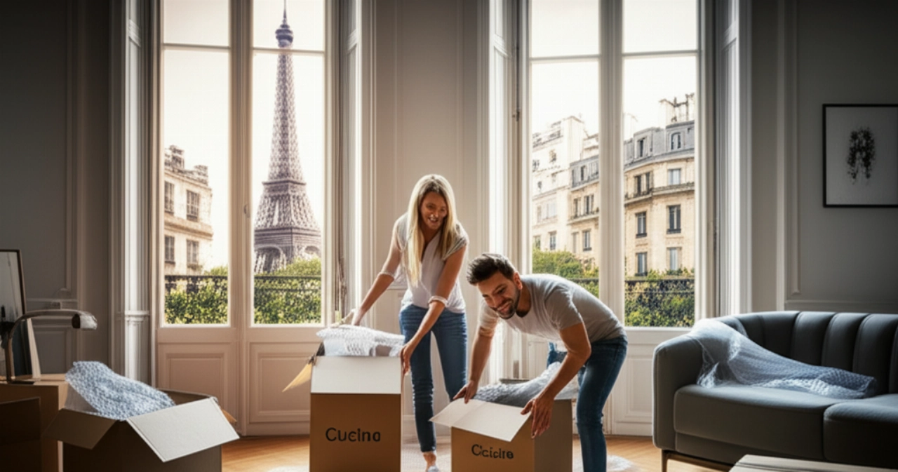 Caucasian couple unpacking in an elegant Parisian apartment with Eiffel Tower view, symbolizing a new beginning.