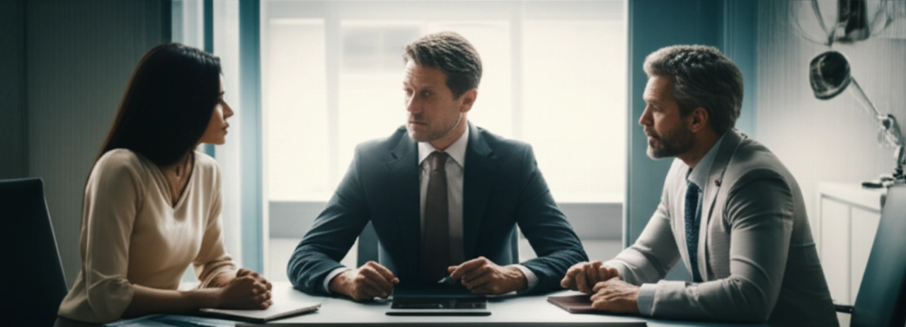 Caucasian consultant discussing Milan-Paris relocation details with a couple, highlighting professional planning.