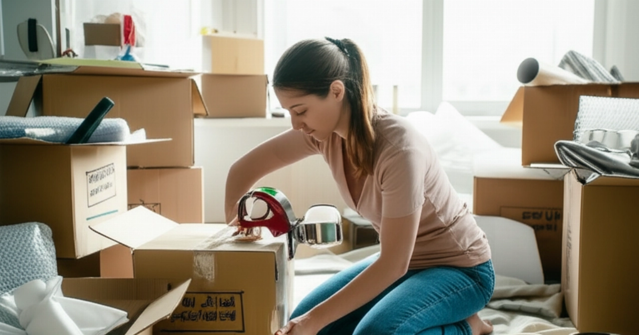A Caucasian woman seals a moving box in a living room full of boxes.