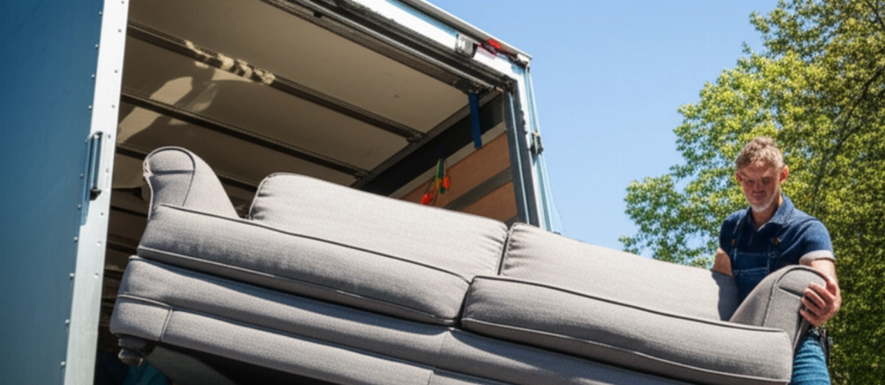 A Caucasian mover loads a large sofa onto a moving truck on a sunny day.