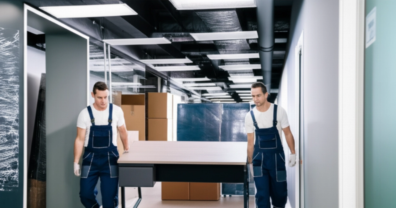 Two professional Caucasian movers carefully transport a modern desk through an office corridor during a corporate relocation.